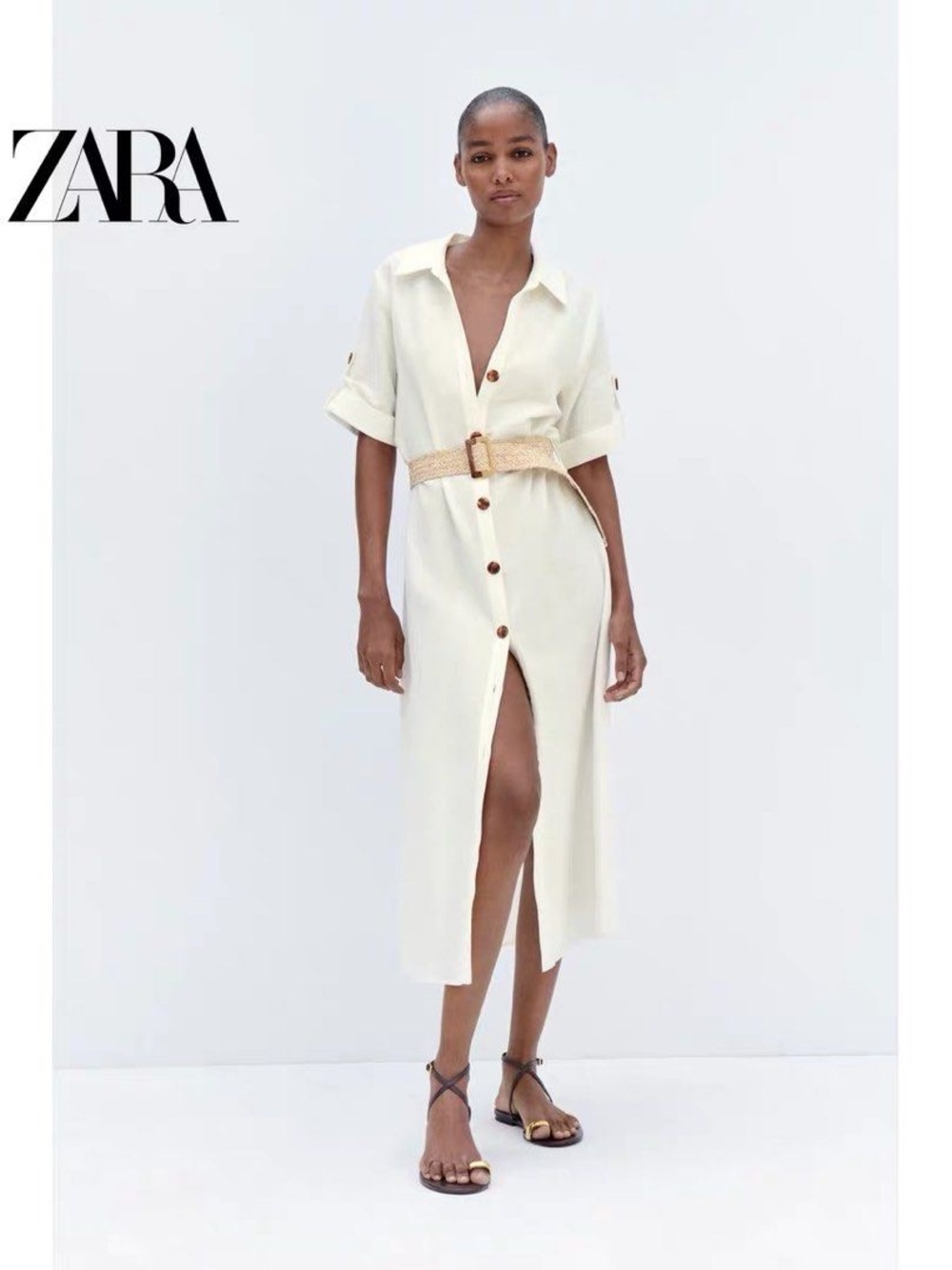 ZARA Cream Button-Front Midi Shirt Dress with Woven Belt